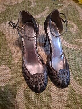 Seychelles Bronze Metallic Ankle-Strap Heels with Woven Medallion